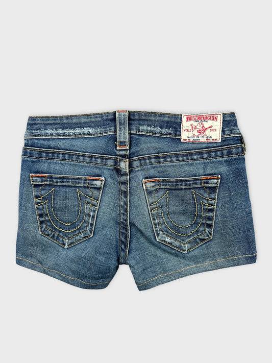 Back view of women denim shorts featuring a faded blue color and signature pocket stitching.