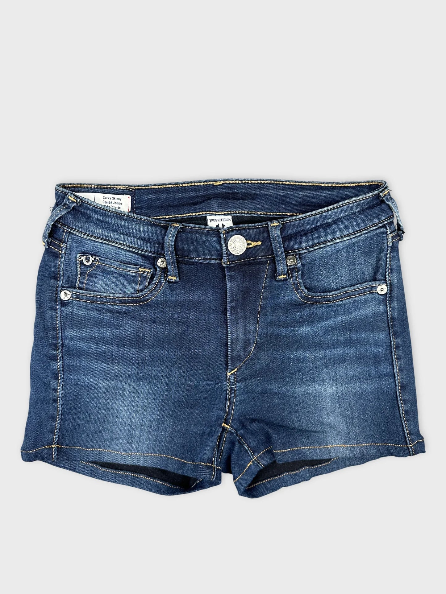 Women denim shorts in dark blue with front view detail view.