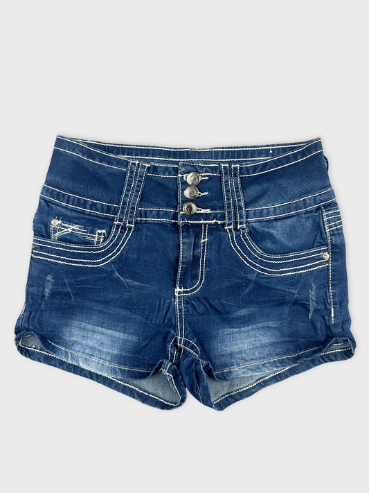 Front view of women denim shorts in dark blue with button detail.