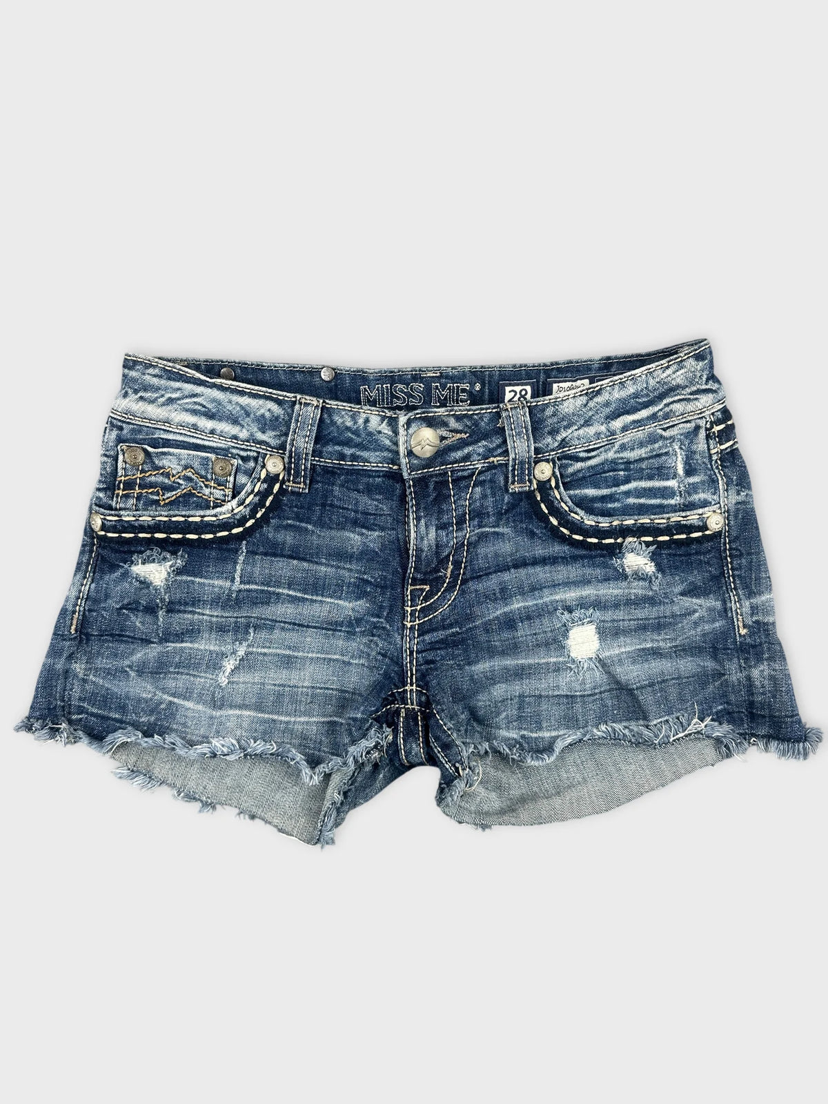 Front view of women denim shorts featuring a distressed pattern.