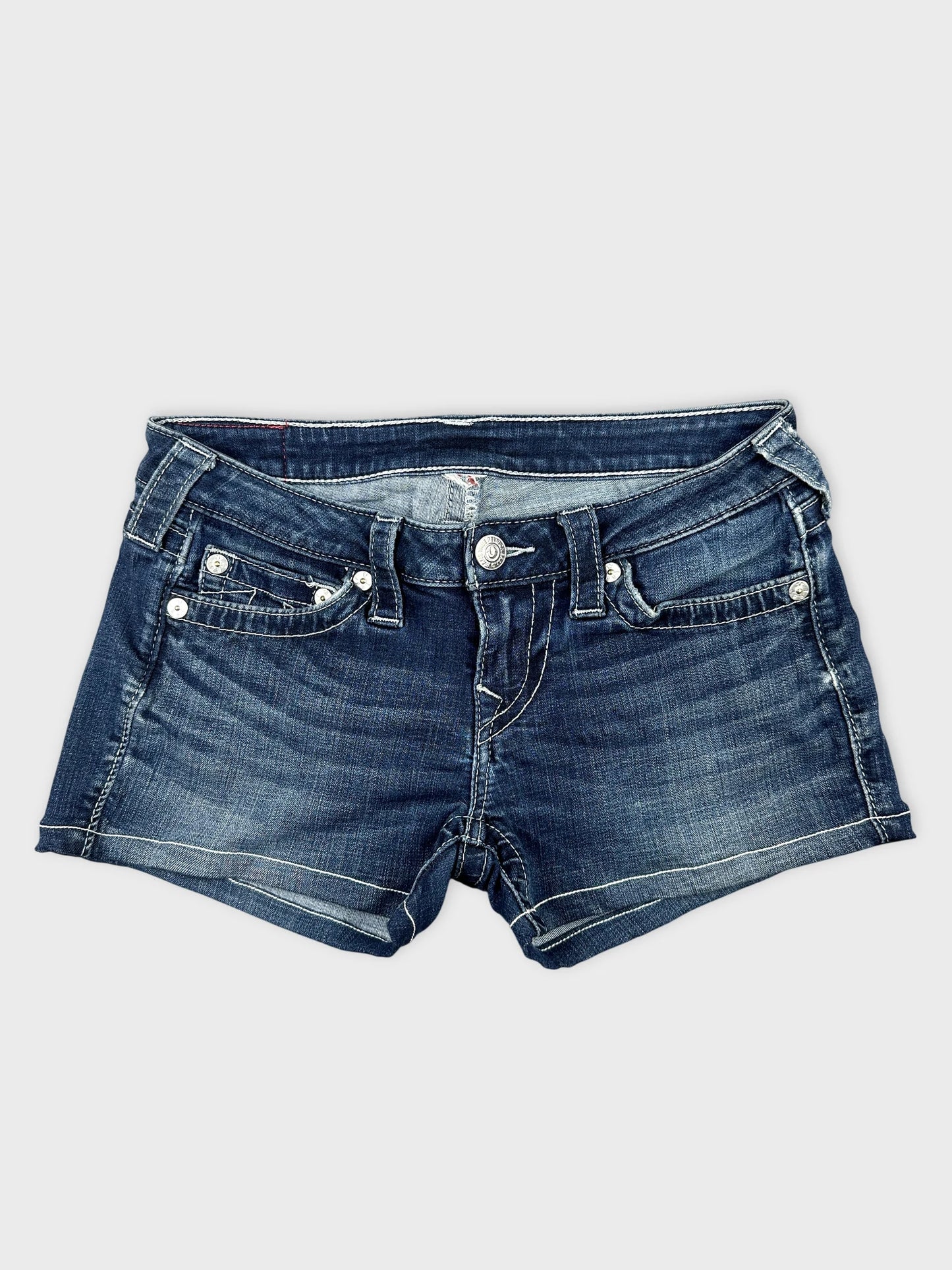 Front view of dark blue denim shorts with classic five-pocket design.