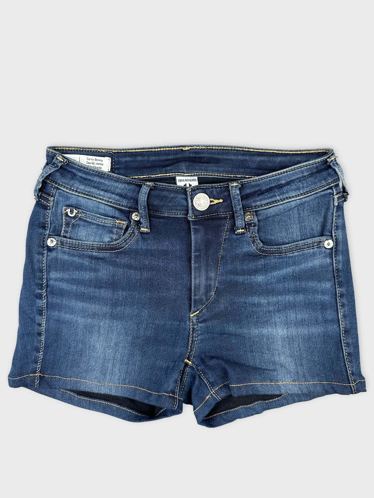 Front view of denim shorts featuring a classic blue color and contrasting stitching.