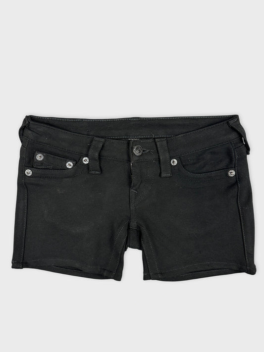 Black denim shorts with front pockets shown in front view.