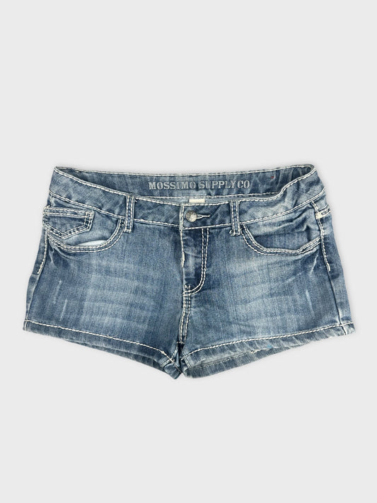 Front view of blue denim shorts with a distressed finish and white stitching.
