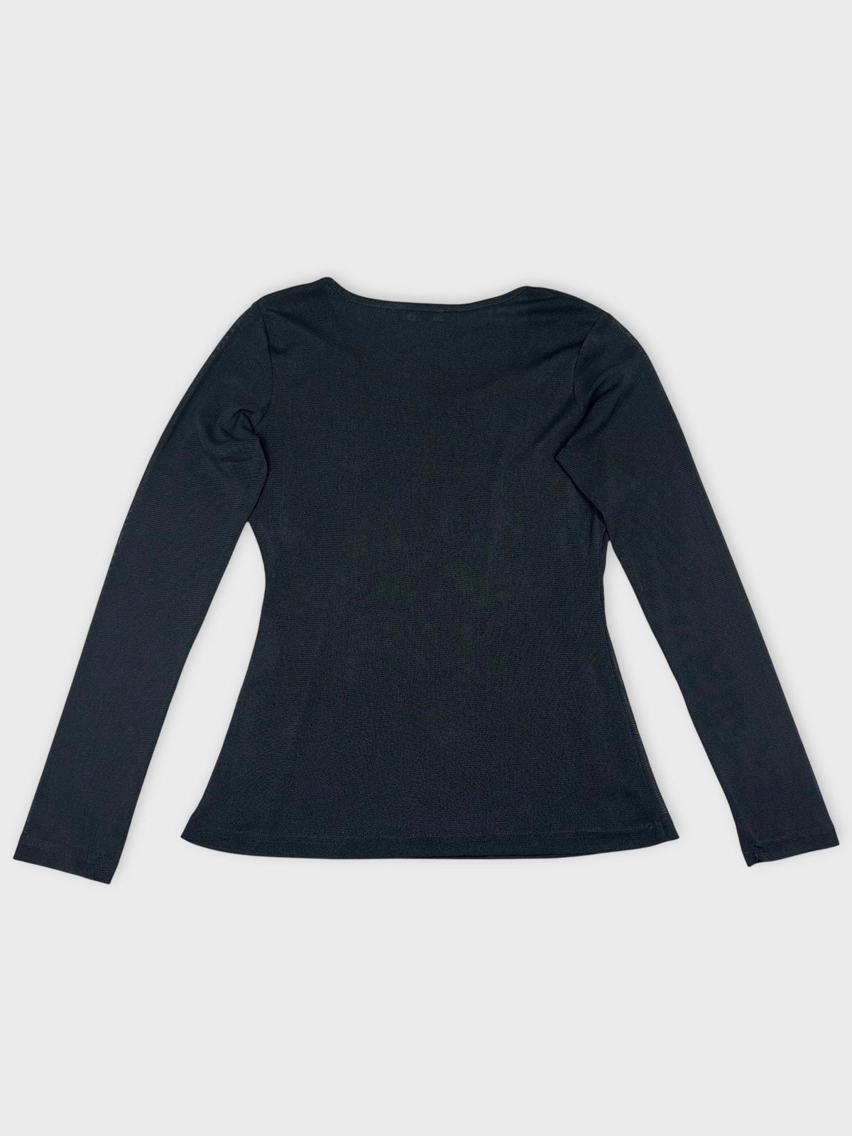 Back view of a black long sleeve shirt with a fitted shape.