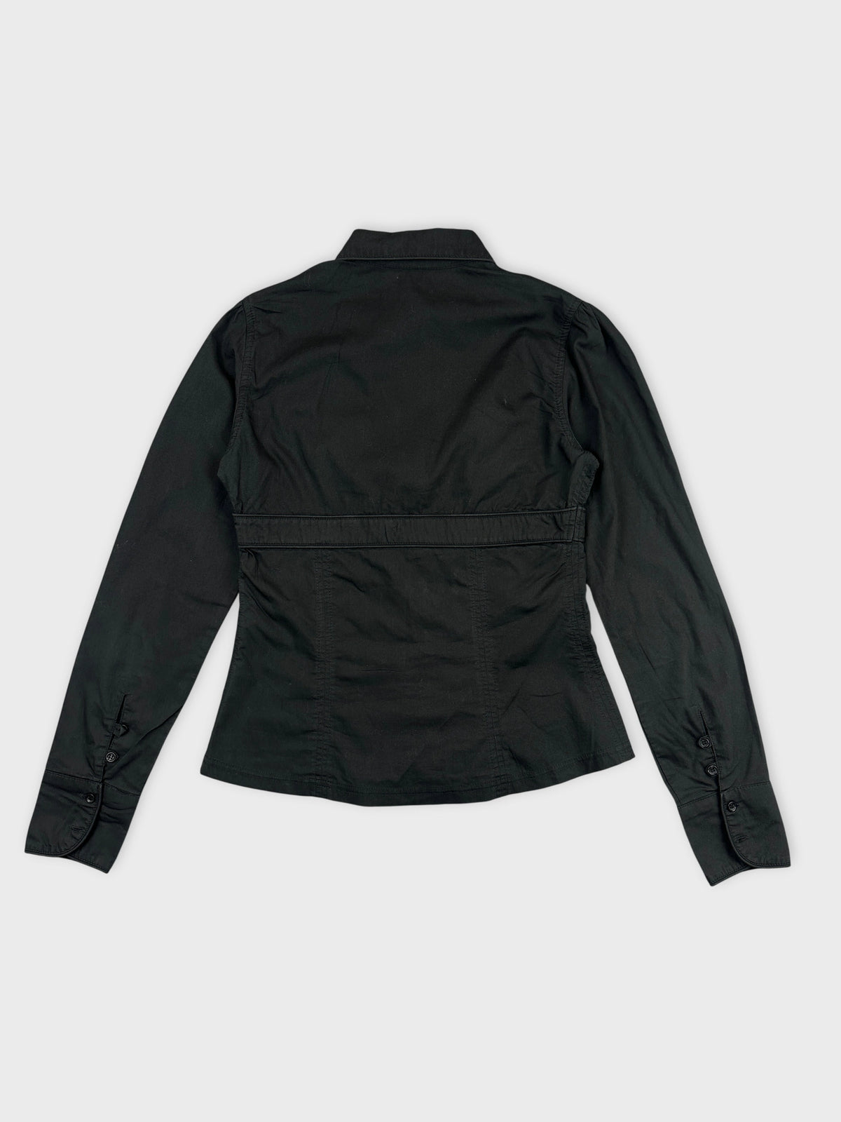 Black long sleeve shirt with subtle shaping back view.