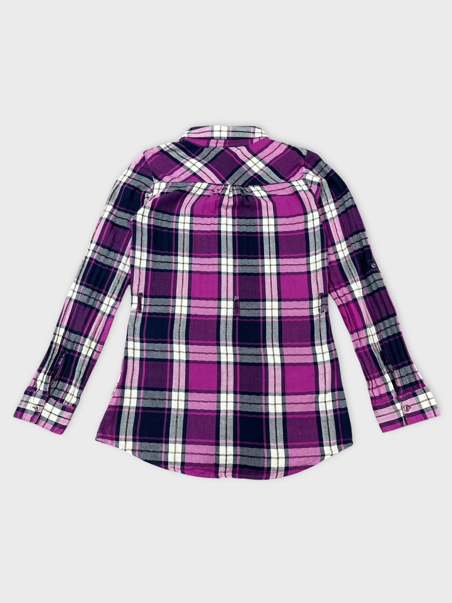 Back view of a long sleeve purple plaid shirt with button details.