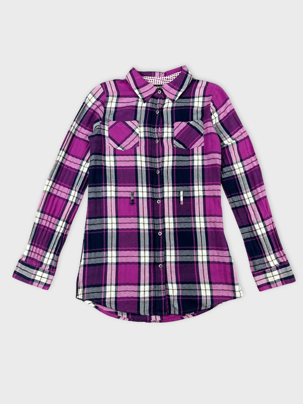 Front view of a long sleeve shirt in purple plaid pattern.