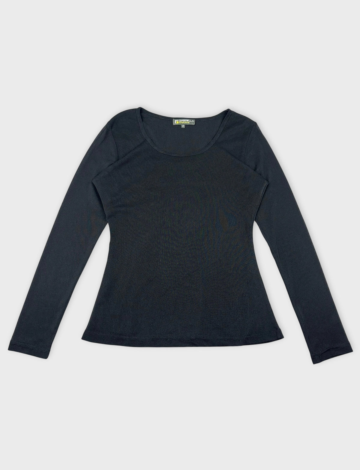 Front view of a black long sleeve shirt with a scoop neckline.