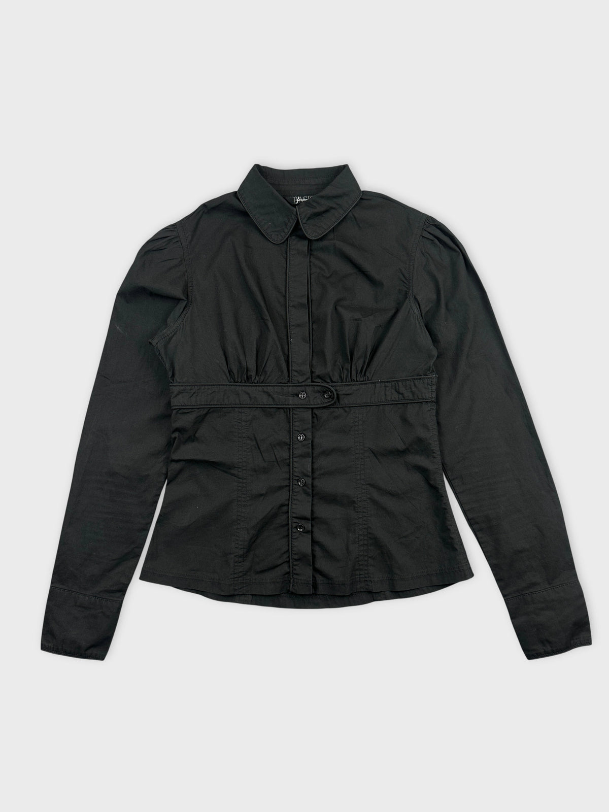 Front view of a black long sleeve shirt featuring a button front and collar.
