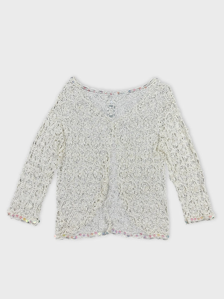 Cream Lace Long Sleeve Top with Sequins (S)