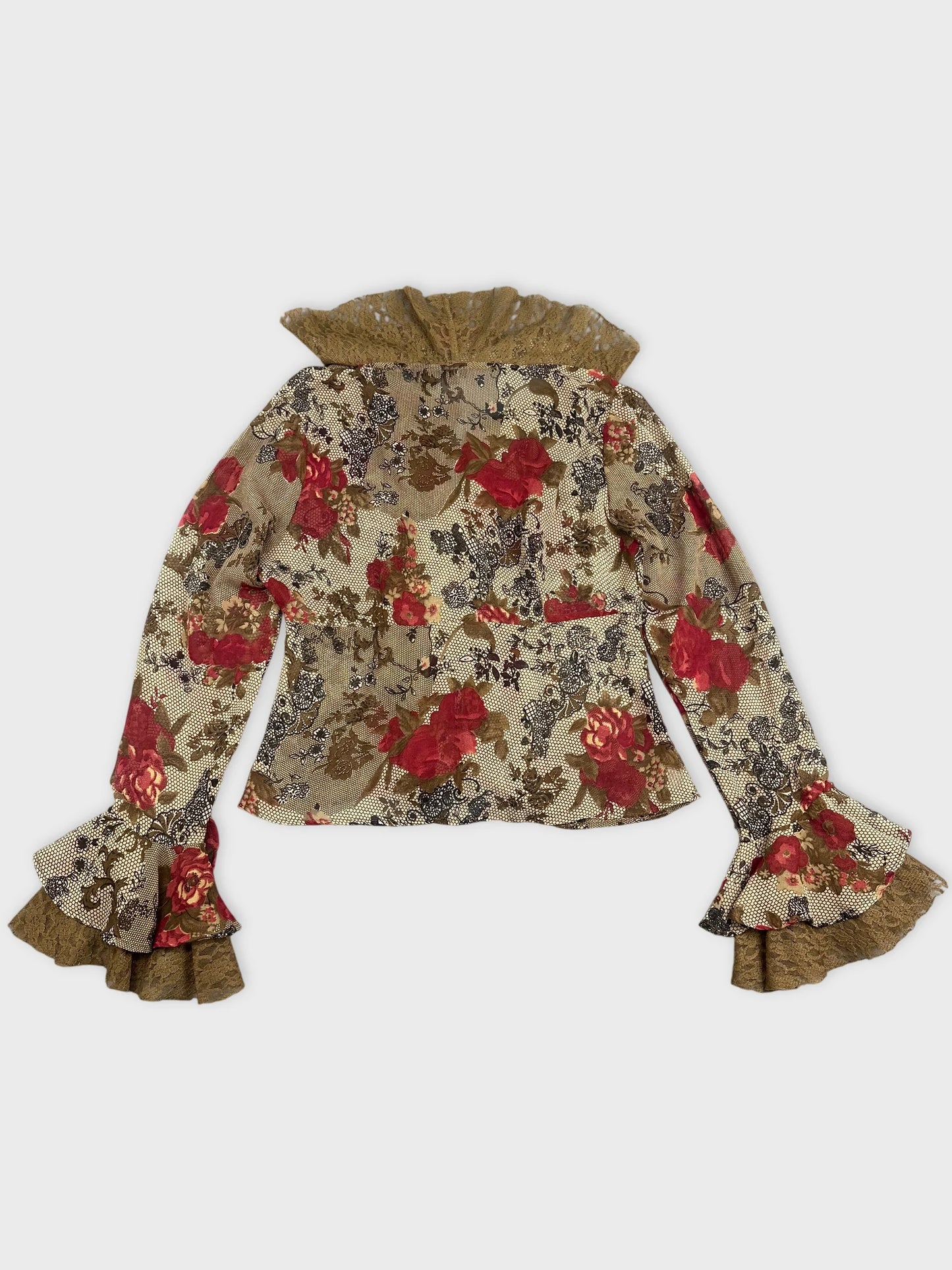 Back view of a long sleeve top with floral print in beige and red.
