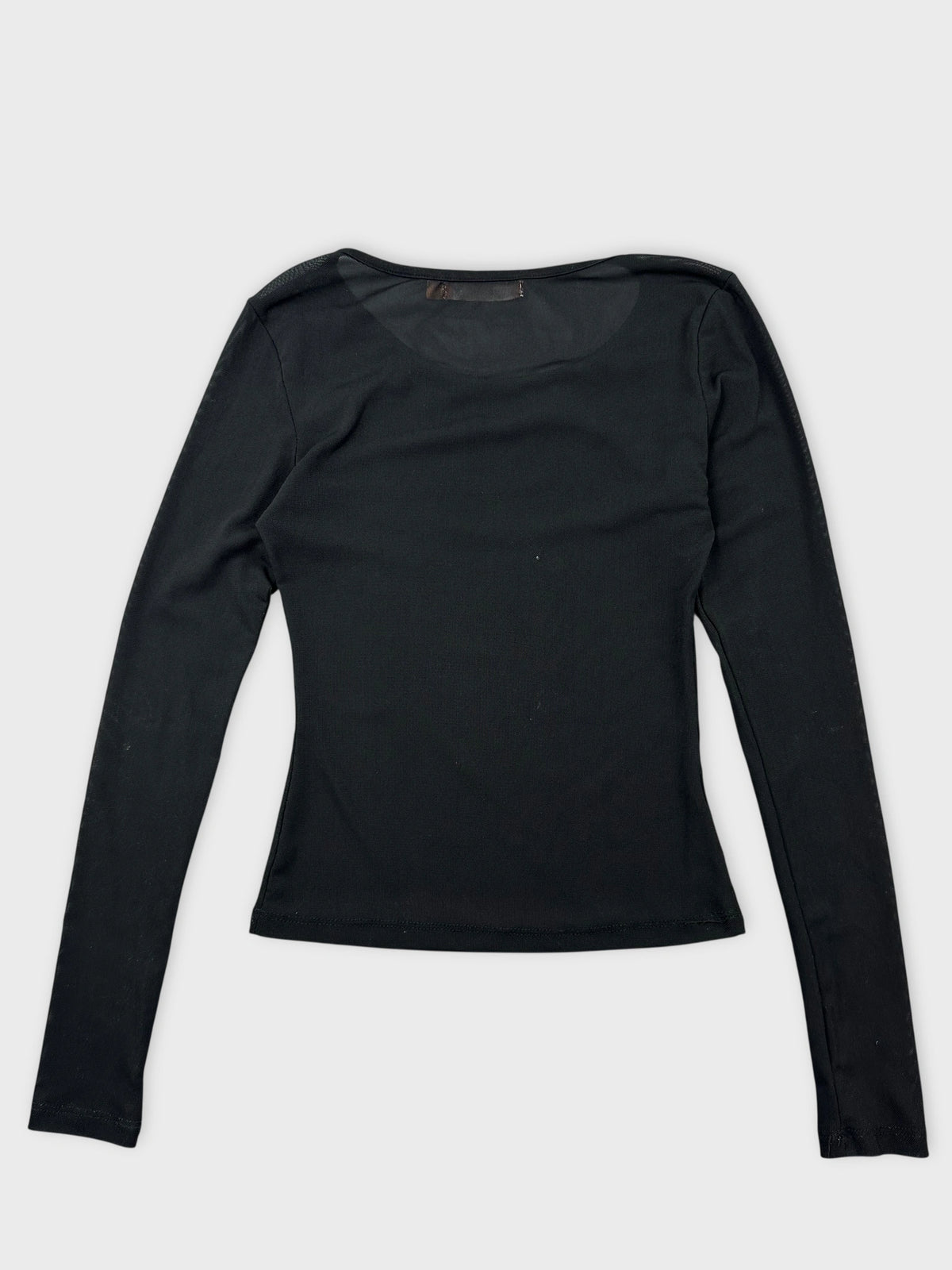 Black long sleeve top back view featuring a rounded neckline.