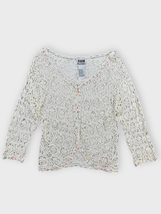 front view, R&M Richards Cream Lace Long Sleeve Top with Sequins, vintage Y2K second hand piece