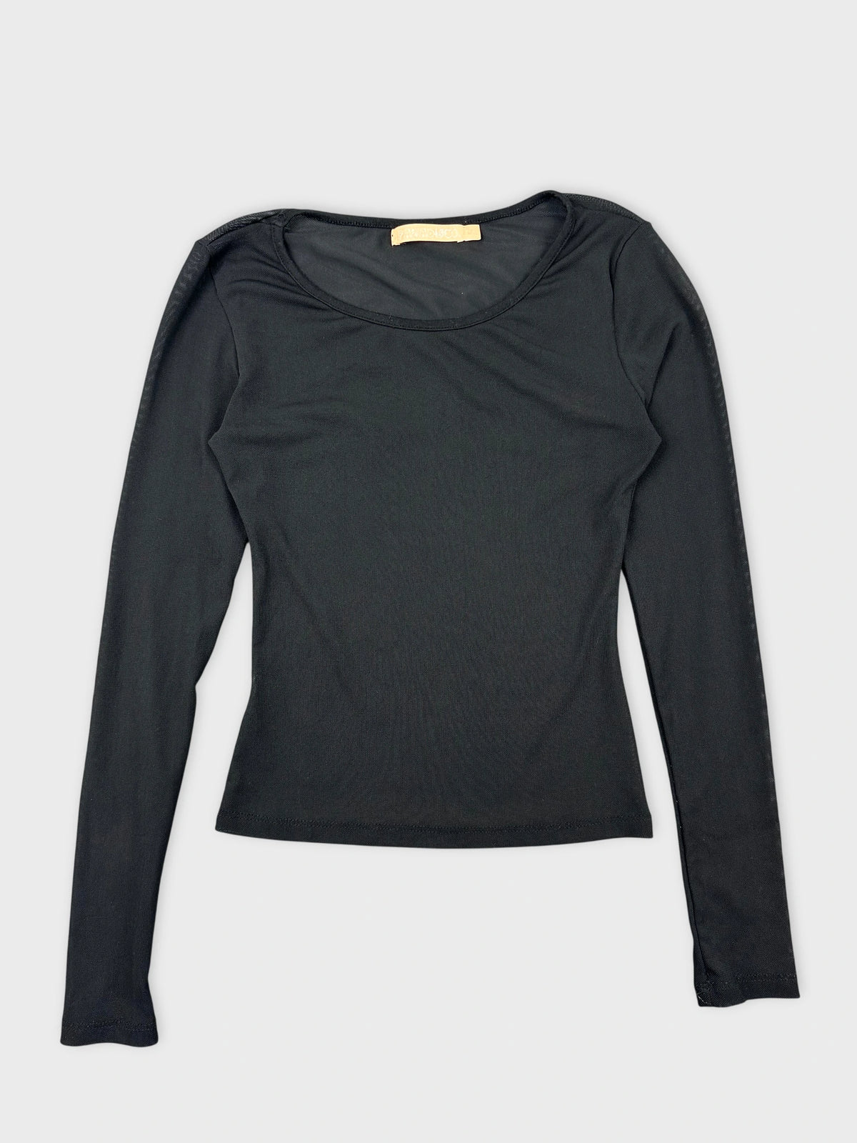 Black long sleeve top with a scoop neck front view.