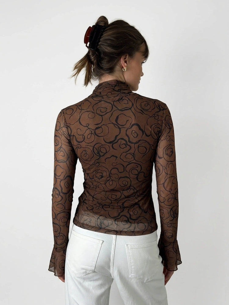 Sheer Brown Floral Long Sleeve Top (M)