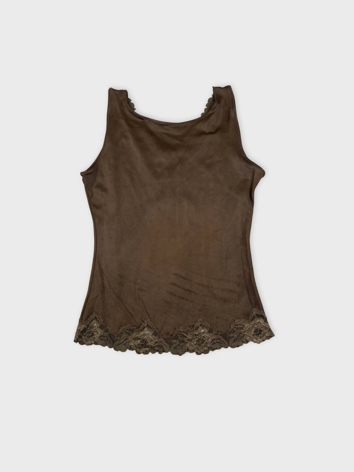Back view of a brown sleeveless top with lace trim.