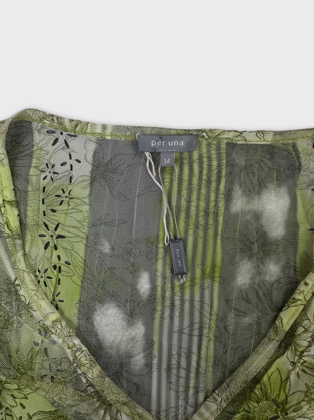 detail view of a green floral short sleeve top with mesh texture