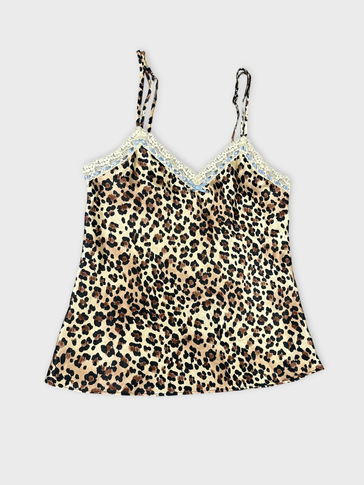 Leopard print cami top in beige detail view highlighting lace trim
