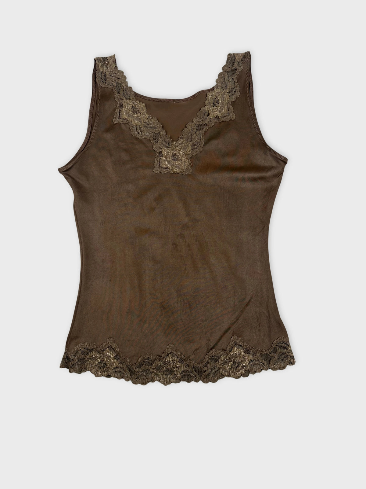 Front view of a brown sleeveless top with lace trim details.