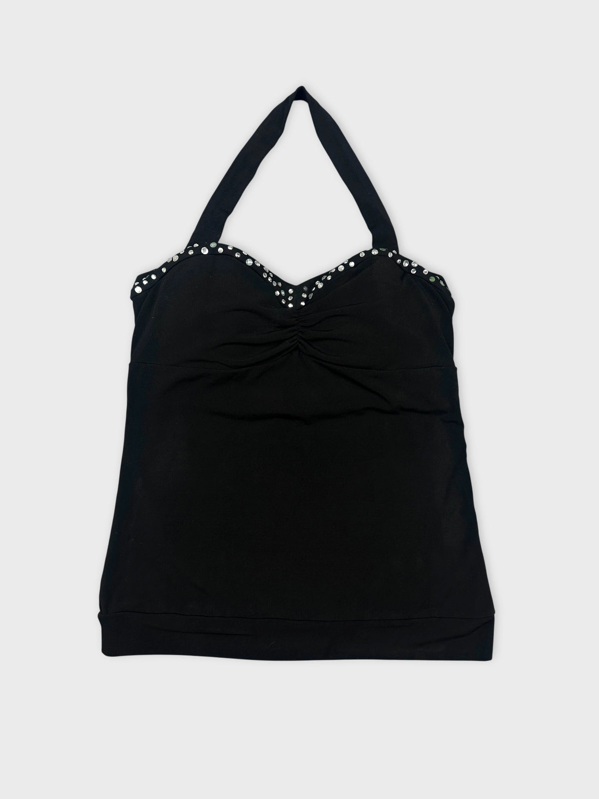 Front view of a black halter top with embellished neckline.