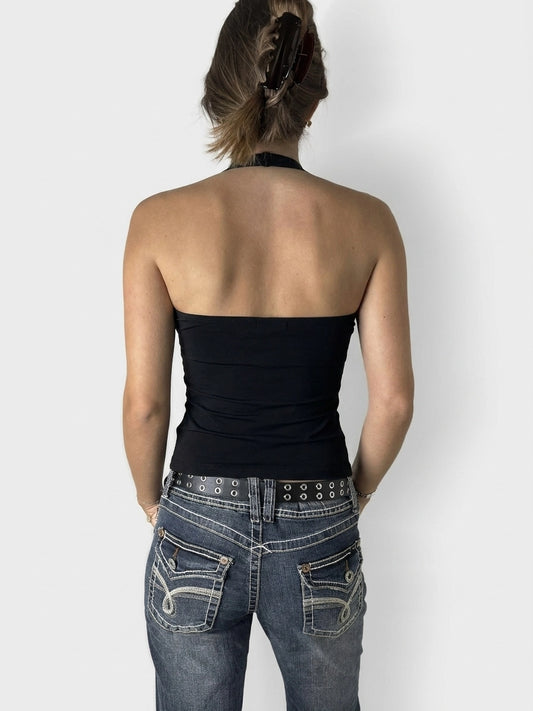Back view of a black sleeveless top with a fitted shape.