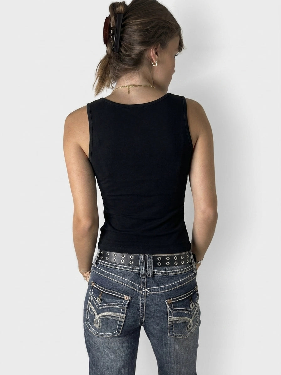 Back view of a black women's sleeveless top with a round neckline.