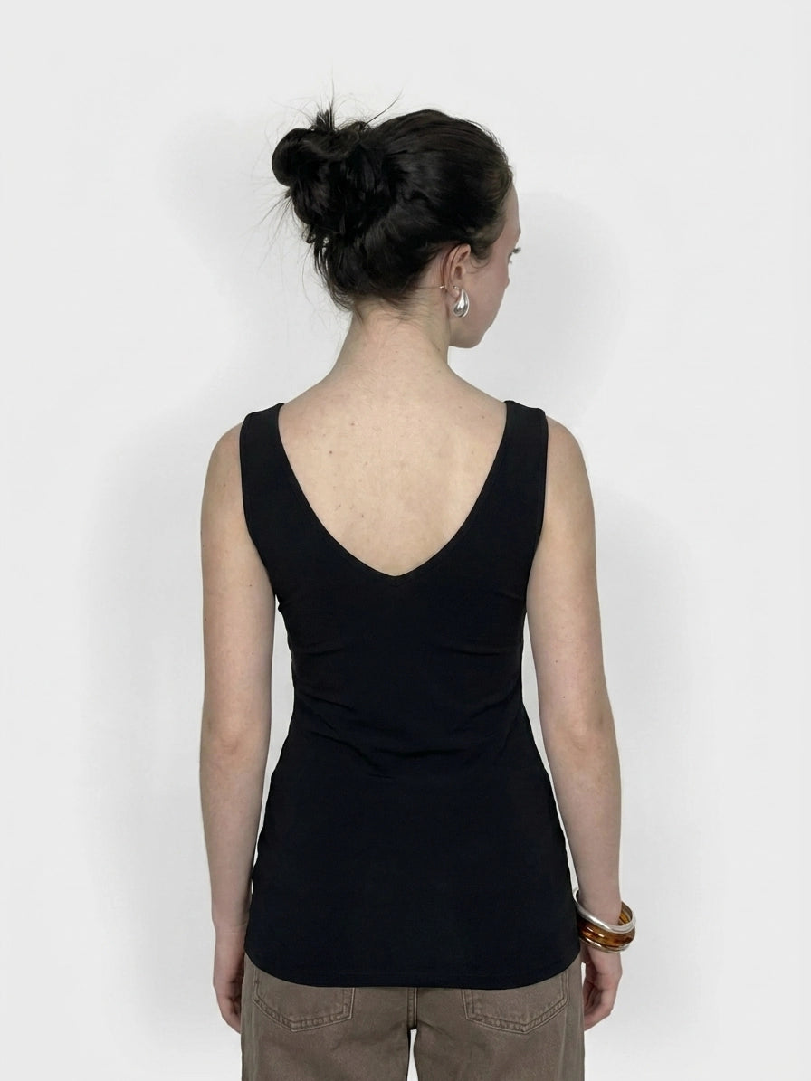 Back view of a black sleeveless top with a V-shaped neckline.