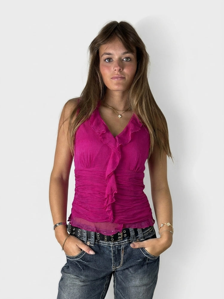Silk Fuchsia Ruffle Top with V-Neck (M)