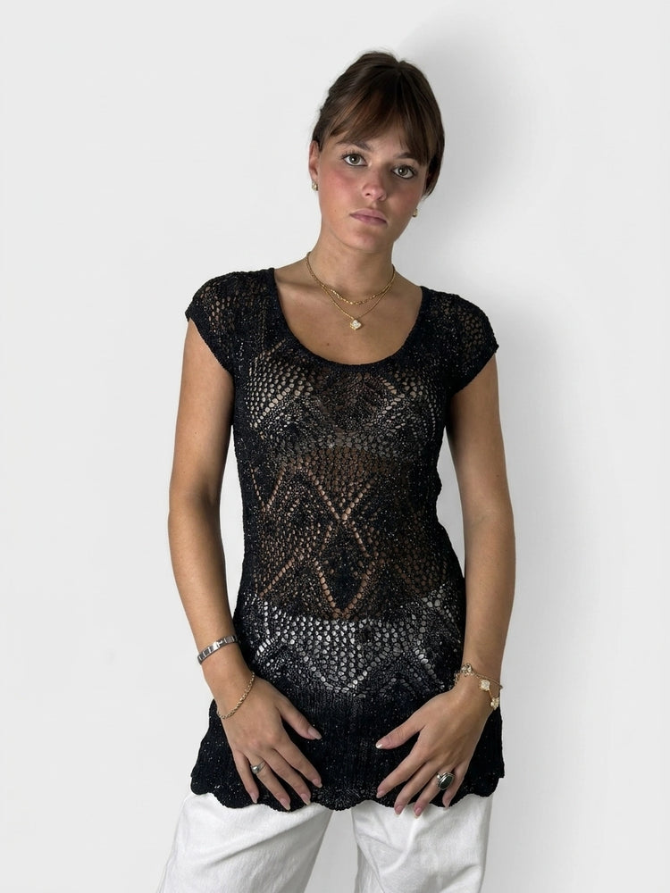 Black Sheer Knit Top with Sparkle Detail (M)