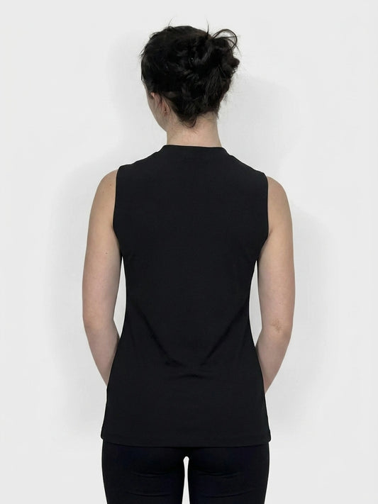 Back view of a sleeveless black top with a simple design.