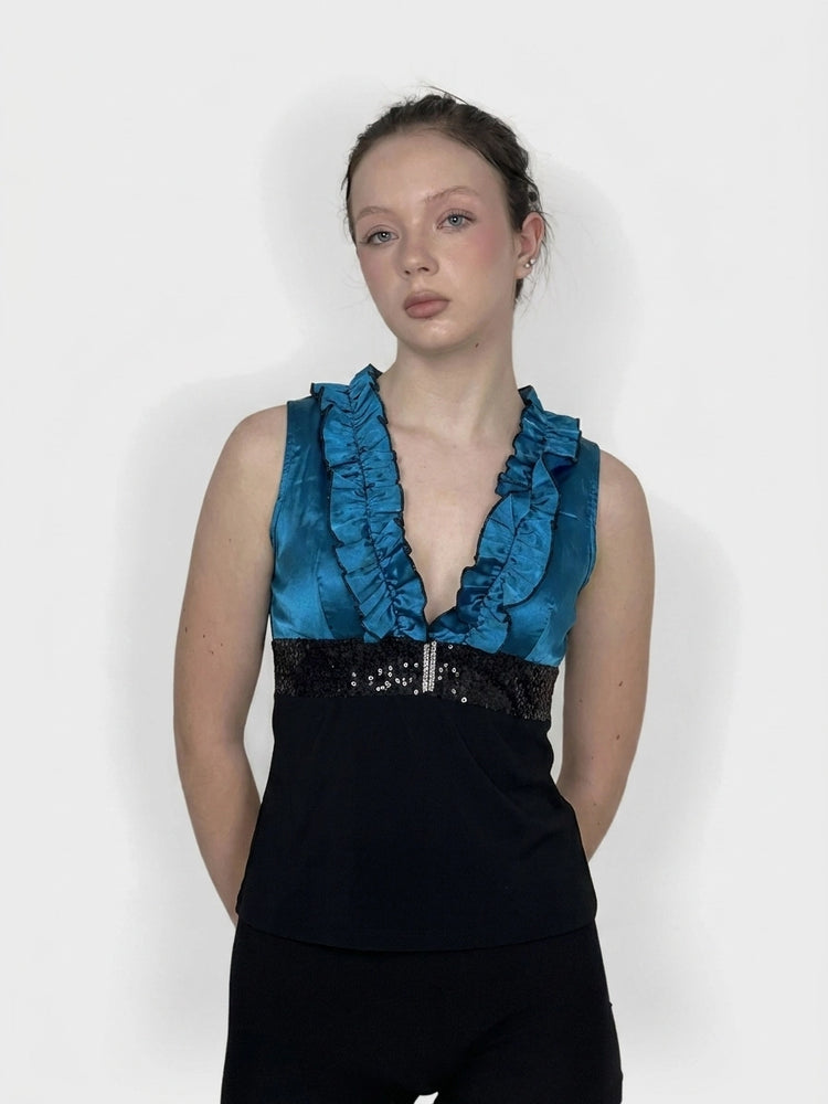 Teal Ruffle Top with Sequin Detail (M)