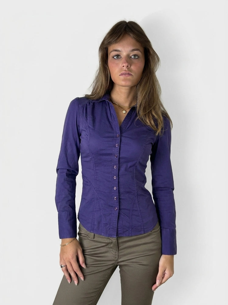 Purple Button Up Shirt with Edgy Stitch Details (S)