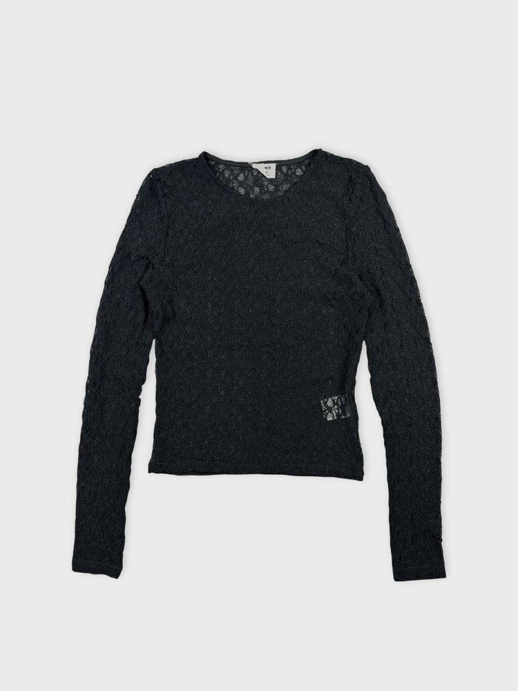 Black Lace Long Sleeve Top with Unique Texture (M)