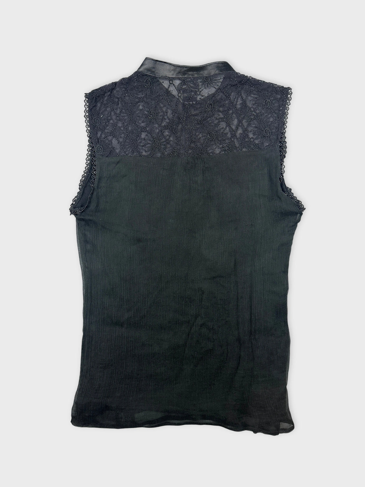 Back view of a black sleeveless shirt with lace detailing.