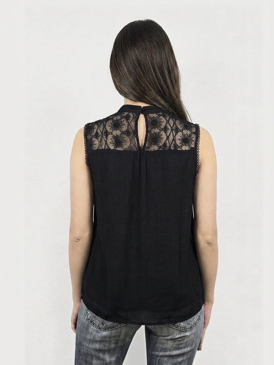 Black upper body shirt with lace detail, shown in back view.