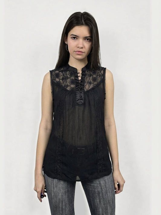 Front view of a black women's shirt featuring lace trim and a buttoned neckline.