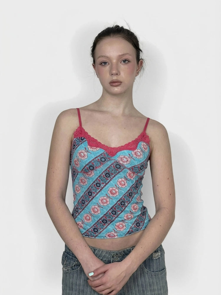 Colorful Floral Crop Top with Lace Trim (M)
