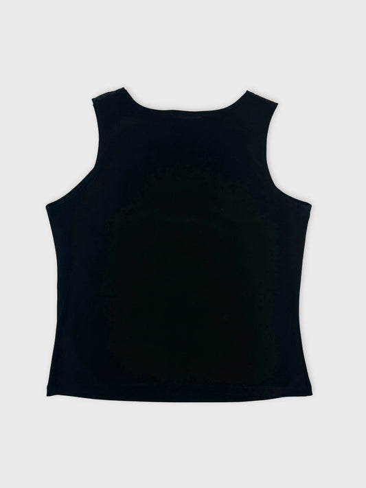 Black sleeveless top back view showing smooth texture and rounded neckline.