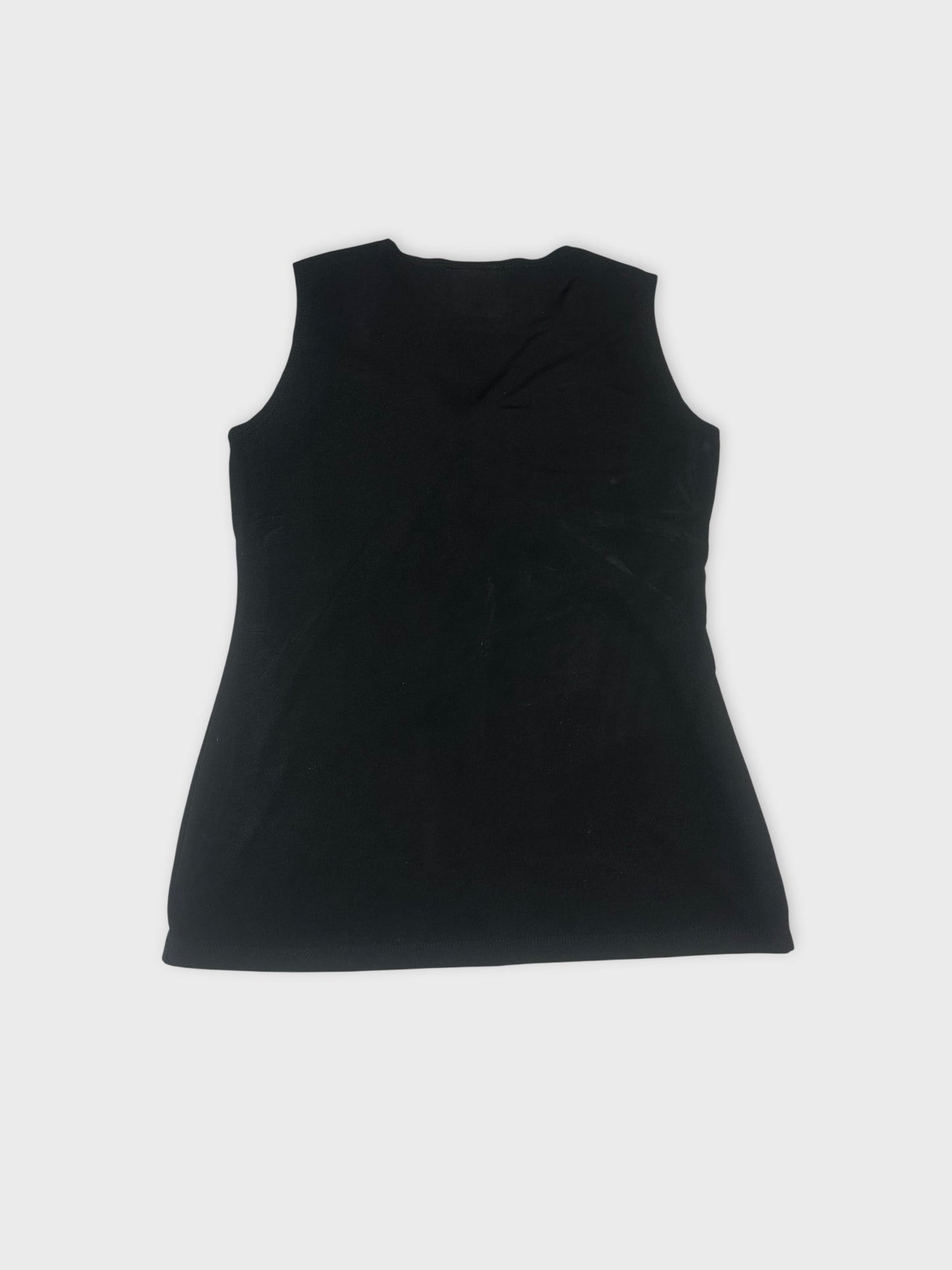Back view of a black sleeveless top with a simple design