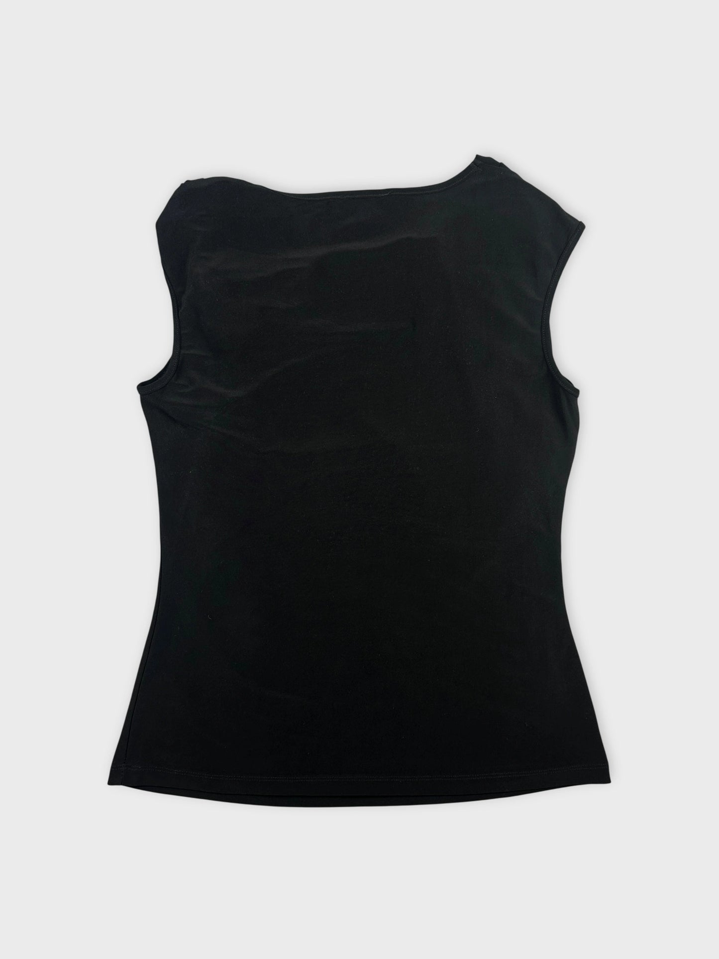 Back view of a black sleeveless top with a simple design.