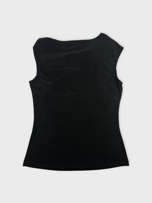 Back view of a black sleeveless top with a simple design.