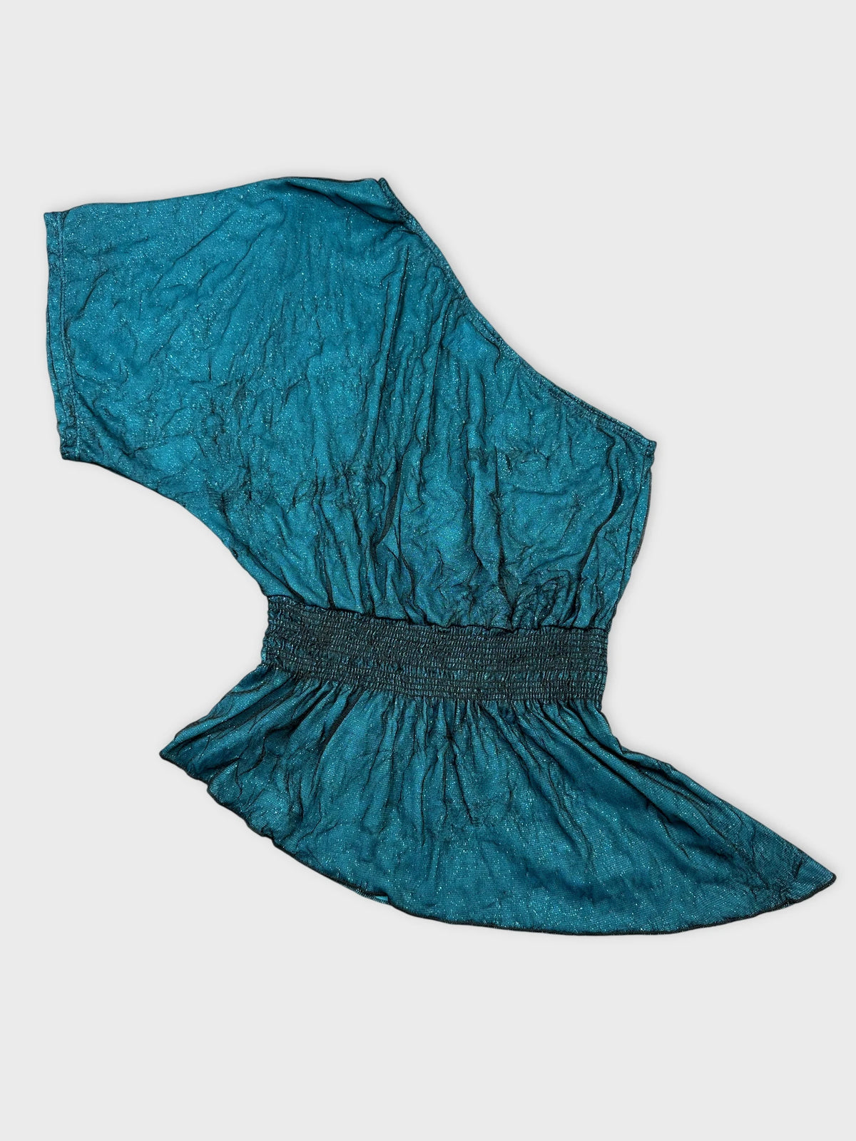 Back view of a teal upper body top featuring a gathered waist