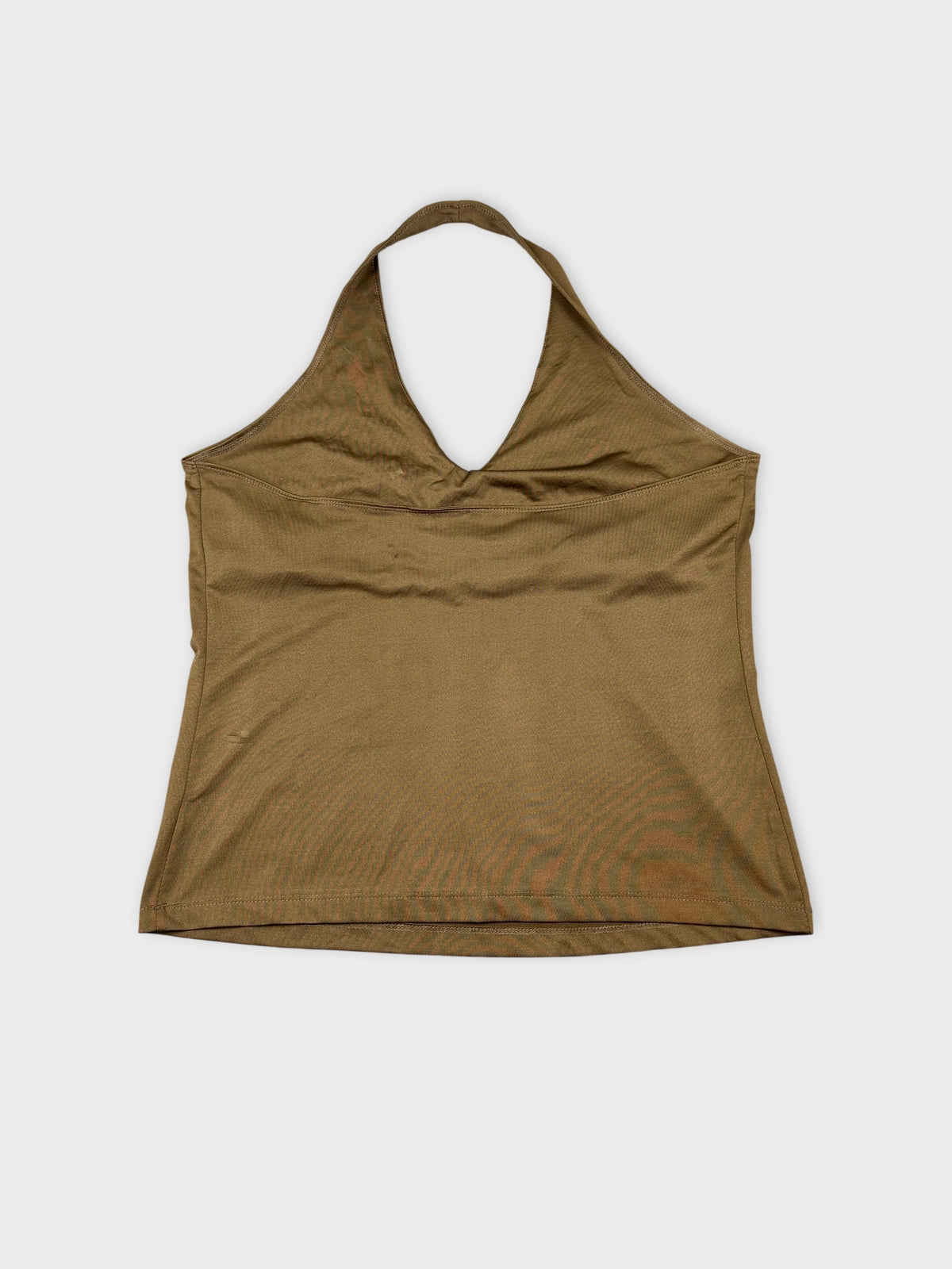 Back view of a brown halter top with a simple design.