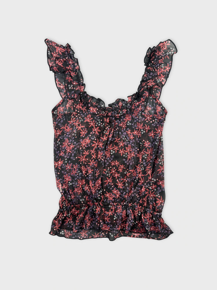 Floral Sheer Top with Ruched Detail (XS)