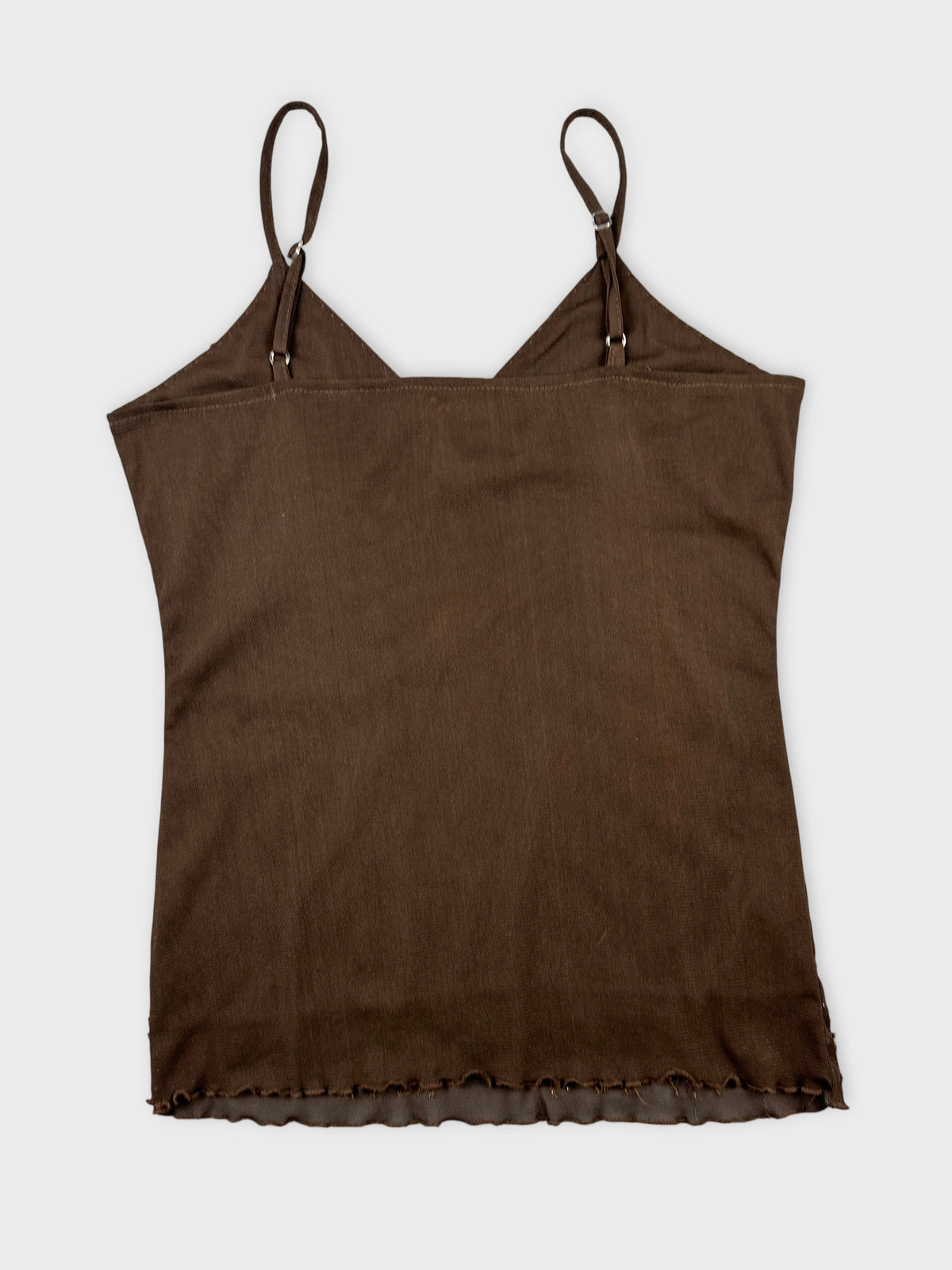 Back view of a brown upper body top with adjustable straps.