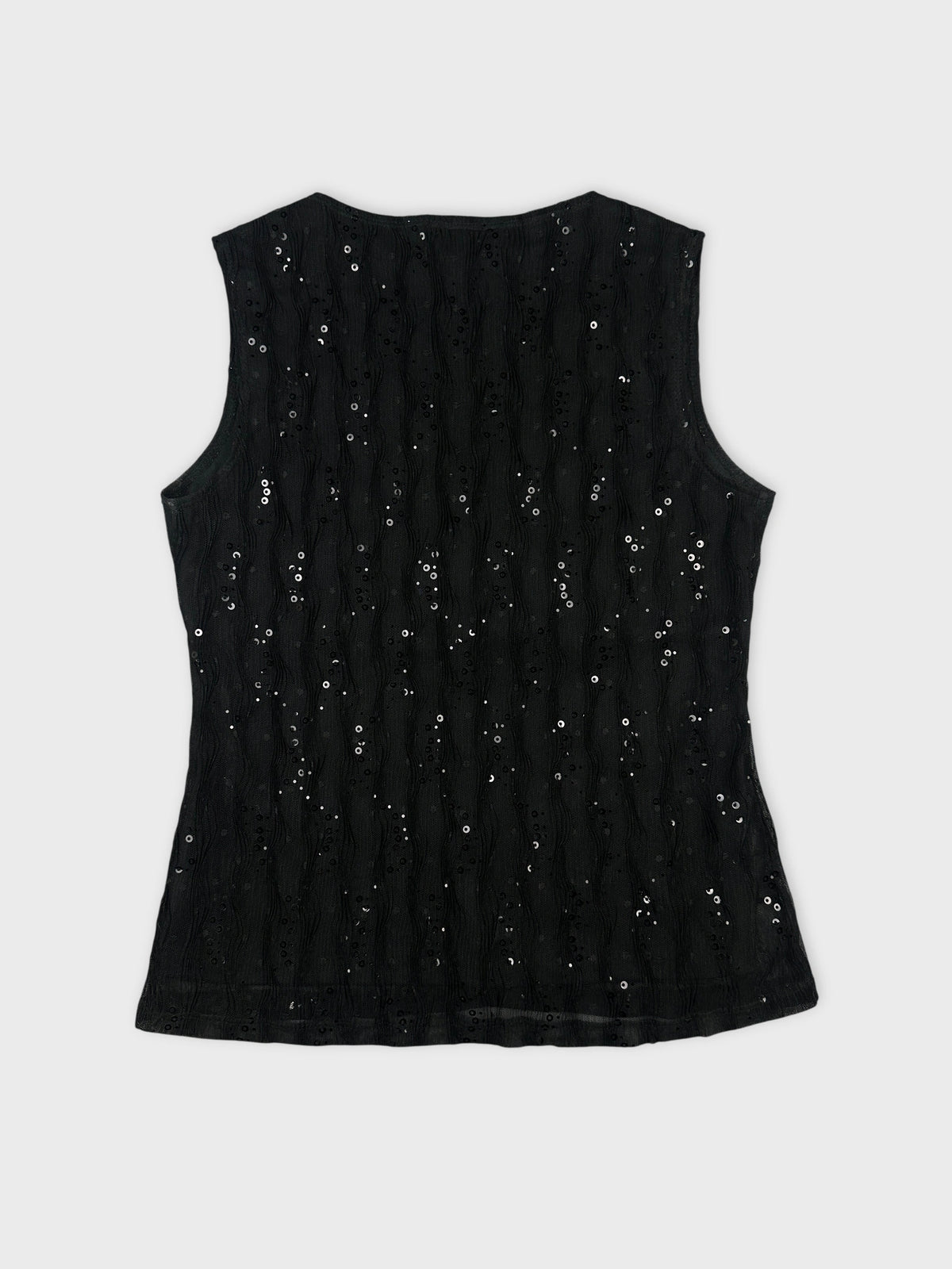 Back view of a black sleeveless top with wavy texture and sequins.