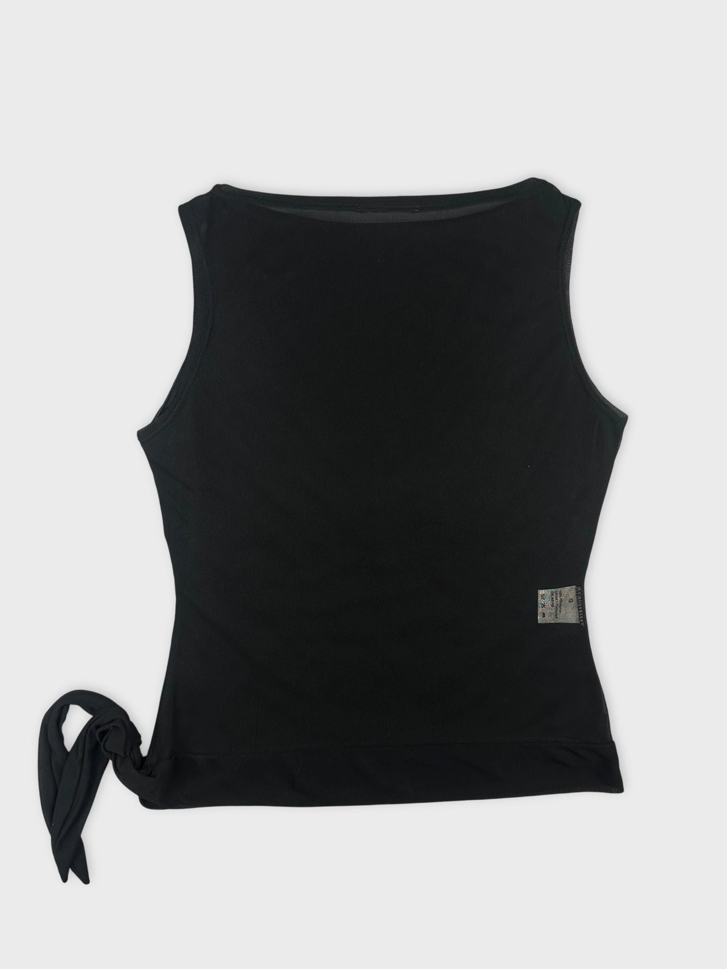 Back view of a black women’s top with a tied detail at the waist.