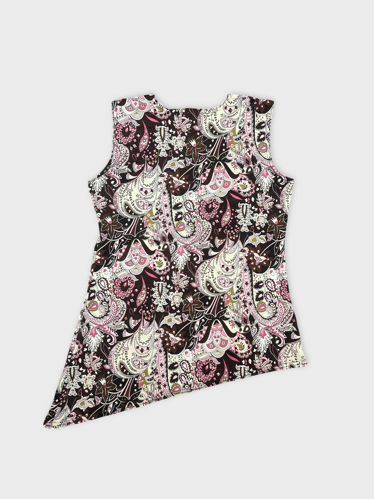 Back view of a sleeveless top in dark brown with paisley pattern.