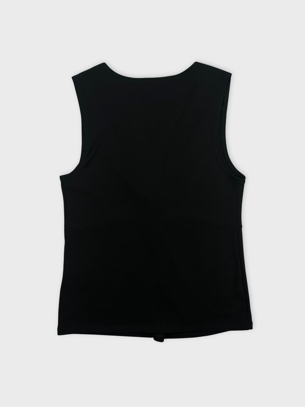 Back view of a sleeveless black top featuring a simple design.